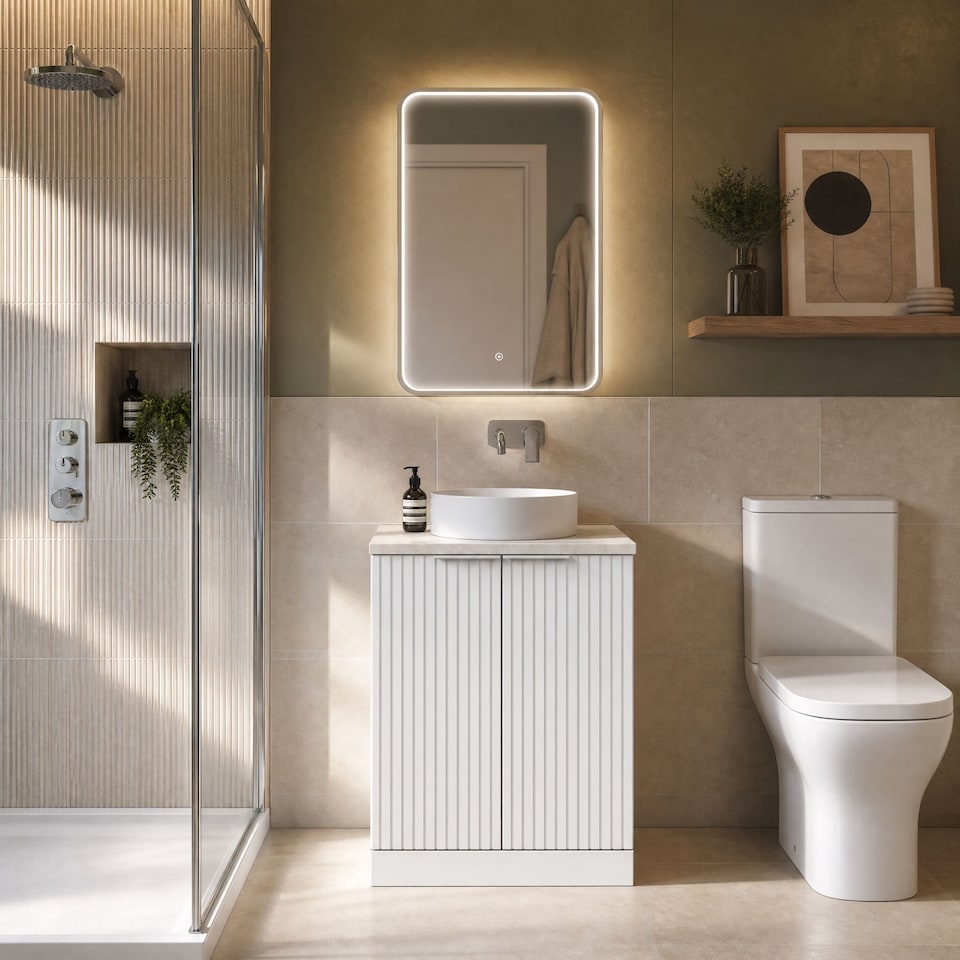 image 1 of Balterley Callingwood Contemporary Floor Standing 2 Door Vanity Unit with White Sparkle Laminate Worktop , 600mm, Matt White
