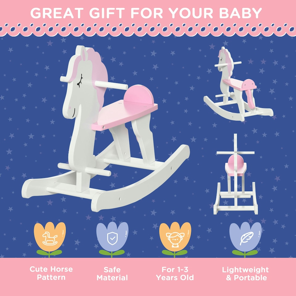 image 1 of HOMCOM Kids Ride-On Toy Rocking Horse w/ Handlebar, Foot Pedal - Pink