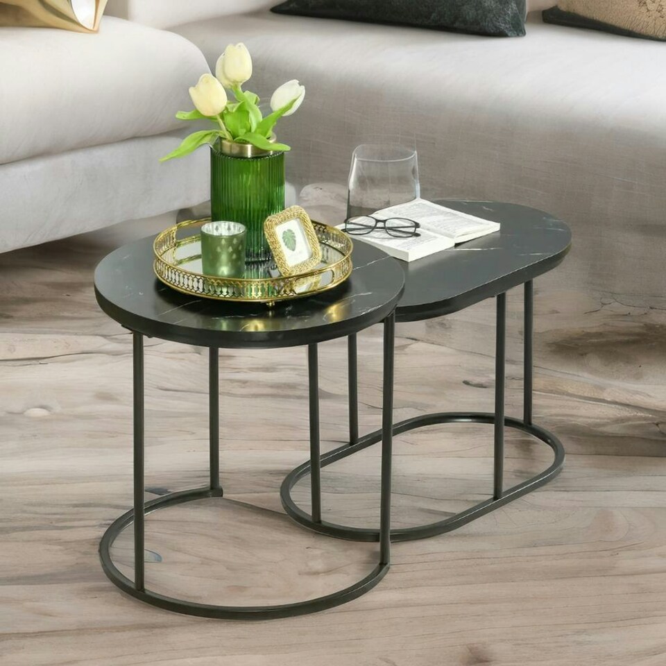 image 1 of 2PC Nesting Tables With Faux Marble Tabletop Black Black