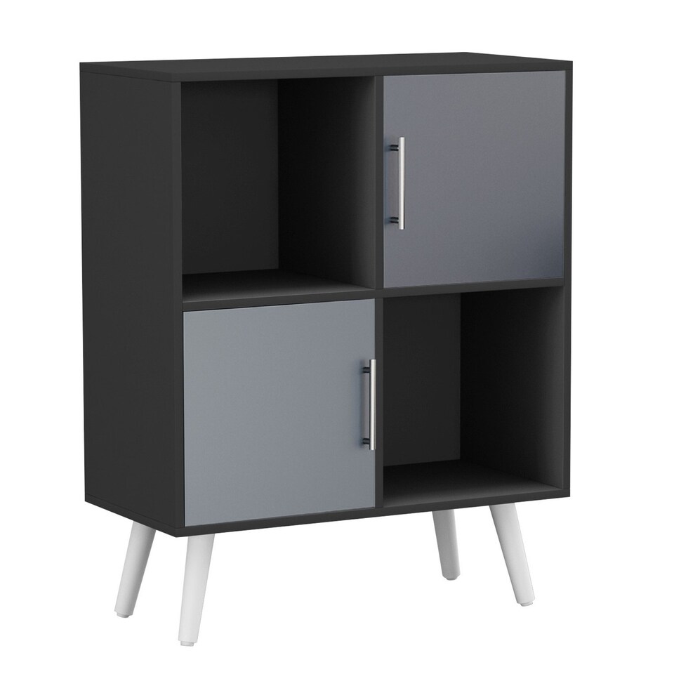 image 1 of Black 4-Cube Storage Unit with 2 Metal Handle Doors and Legs | Grey | Grey & White | 1