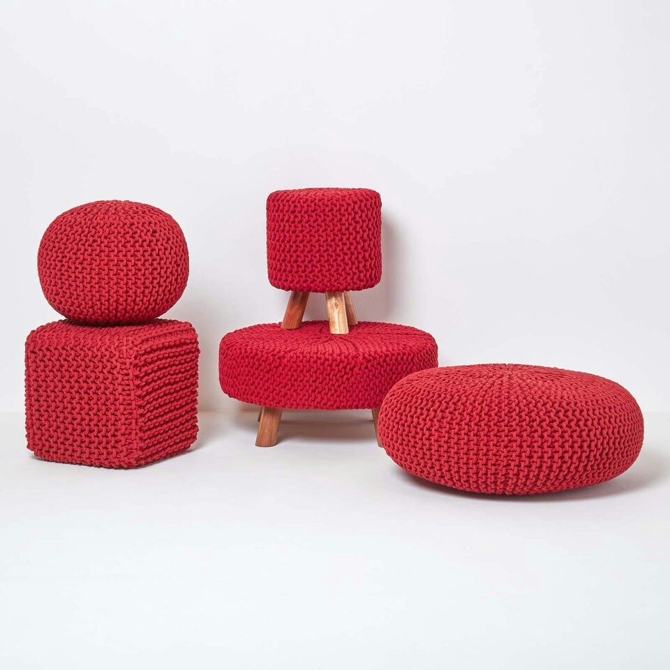 image 1 of Homescapes Red Round Cotton Knitted Footstool on Legs | Red | 62 x 62 x 30 cm