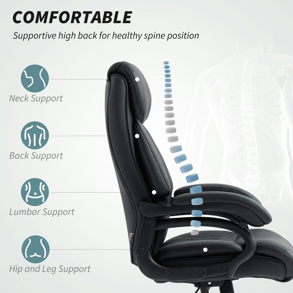 image 1 of HOMCOM PU Leather Office Chair with Spring Padding, Swivel Wheels, Black Black