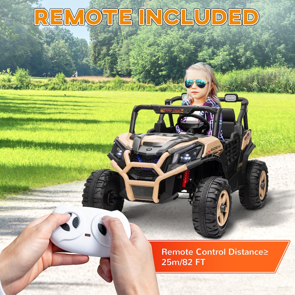 image 1 of AIYAPLAY Kids Electric Ride on Car 2-Seater, 24V Truck UTV with Remote Control, Suspension System, LED Lights, Horn, Music, for 3-8 Years, khaki