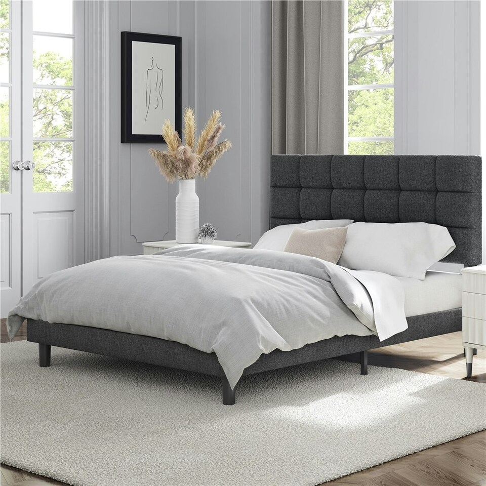 image 1 of Yaheetech 135 cm W x 190 cm L Upholstered Bed Frame Dark Grey