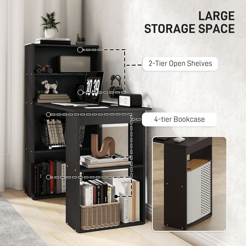 image 1 of HOMCOM 120cm Computer Desk, Wooden PC Laptop Table with 6-Tier Storage Bookshelves, Home Office Working Study Desk, Writing Workstation, Black