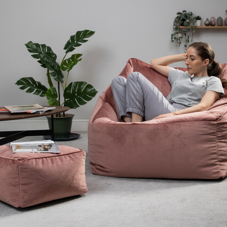 image 1 of Natalia Velvet Adults Bean Bag Armchair and Pouffe, Ready Filled Large Beanbag and Footstool Dusk Pink | Pink | Dusk Pink | XL | 2