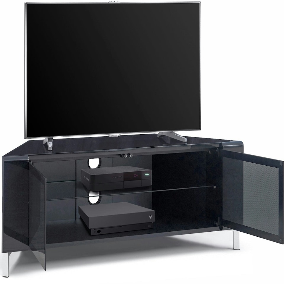 image 1 of MDA Designs CORVUS Corner-Friendly Gloss Black Contemporary Cabinet with BeamThru Glass Doors Modern Space-Saving Stand for Flat Screen TVs up to 50" Black