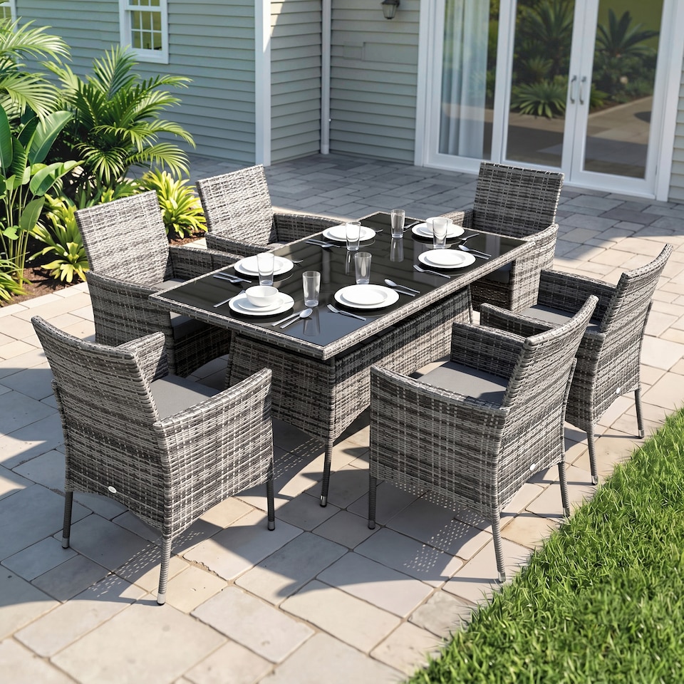 image 1 of Outsunny Rattan Dining Set for 6 with Cushions, Glass Top Table, Grey