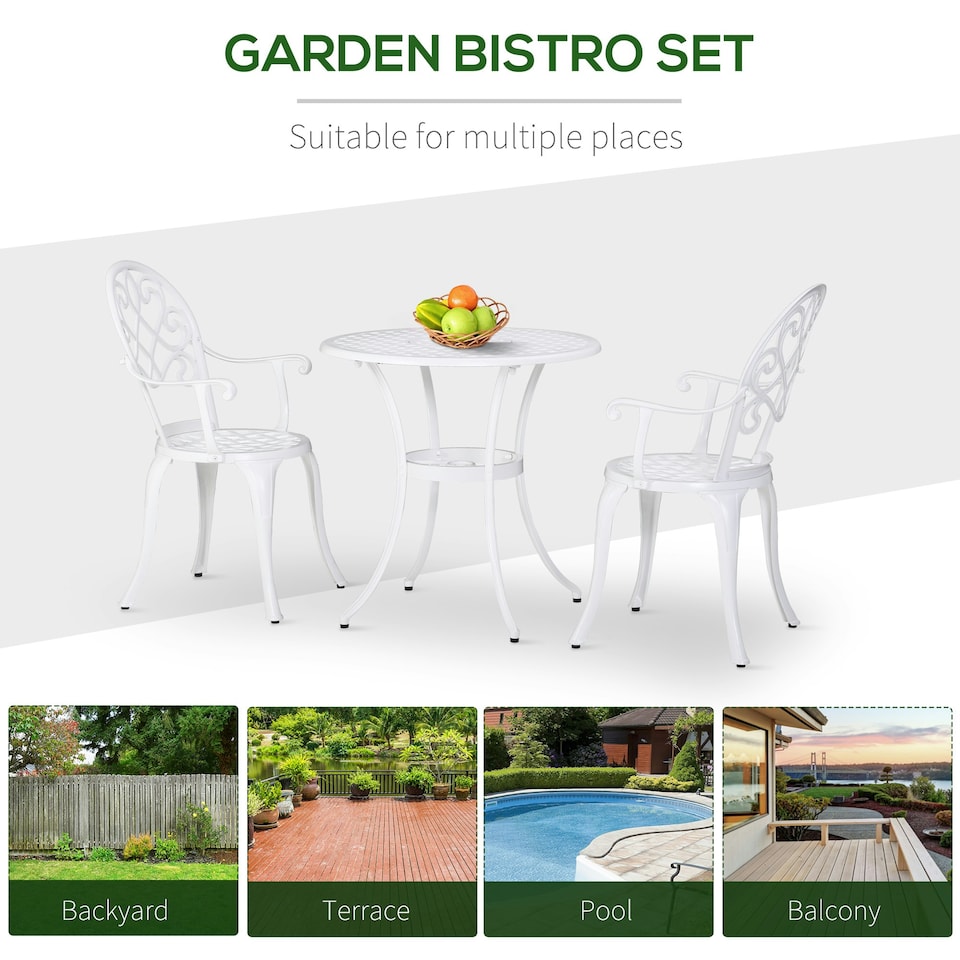 image 1 of Outsunny 3PCs Garden Bistro Set Cast Aluminium Round Table with 2 Chairs White