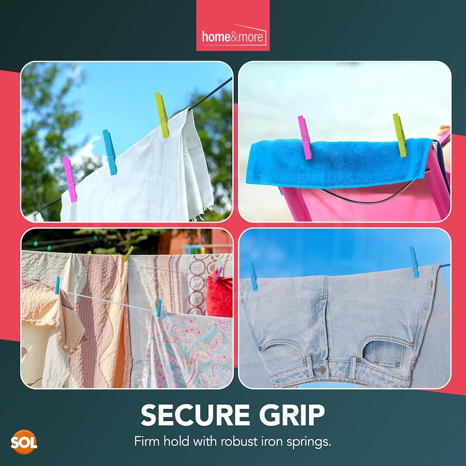 image 1 of 46pk Plastic Clothes Pegs – Extra Strong Water-Resistant Laundry Clips in Assorted Colours, Gentle on Fabric with Secure Hold in Windy Conditions