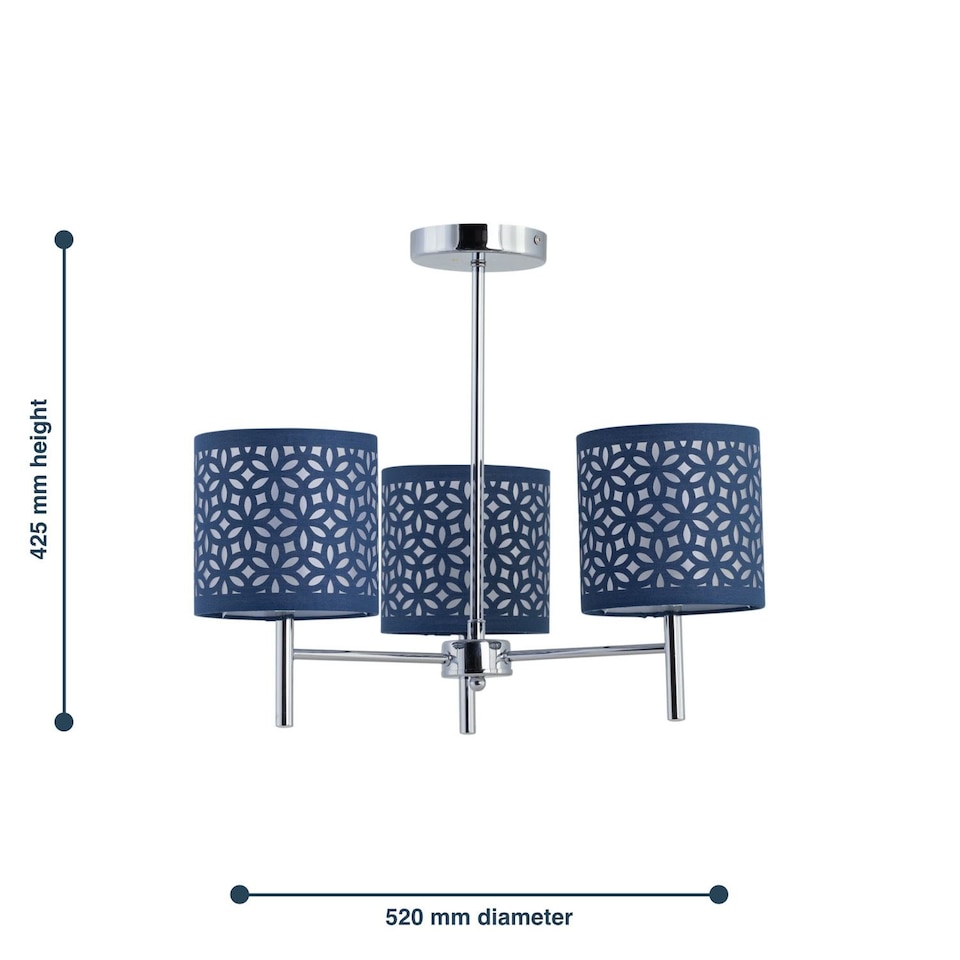 image 1 of Brea - Chrome 3 Light Fitting with Navy Blue Cut Out Shades | Chrome | Blue | 1