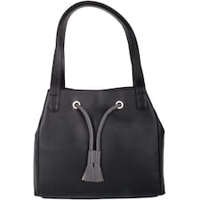 Genuine Soft Leather Contrast Drawstring Tote Style Shoulder Handbag Black | Black