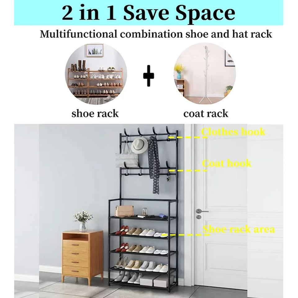 image 1 of Living and Home 5-Tier Freestanding Coat Rack with Shelves - 60x175cm Black