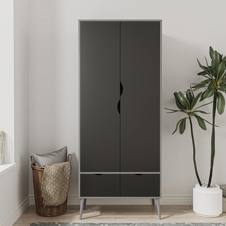 image 1 of Malmo 2 Door 2 Drawer Wardrobe with Scandi Legs Cupboard Hanging Rail 180cm | Multi | Grey Black | 1