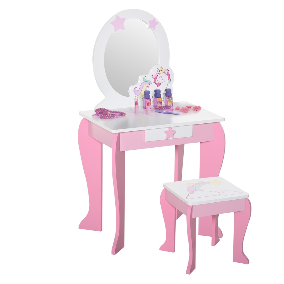 image 1 of HOMCOM Girls Dressing Table with Mirror, Stool, Pretend Play Toy | Pink | White