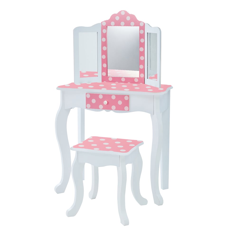 image 1 of Teamson Kids Play Vanity with Stool, Gold & White Polka Dots, Gisele