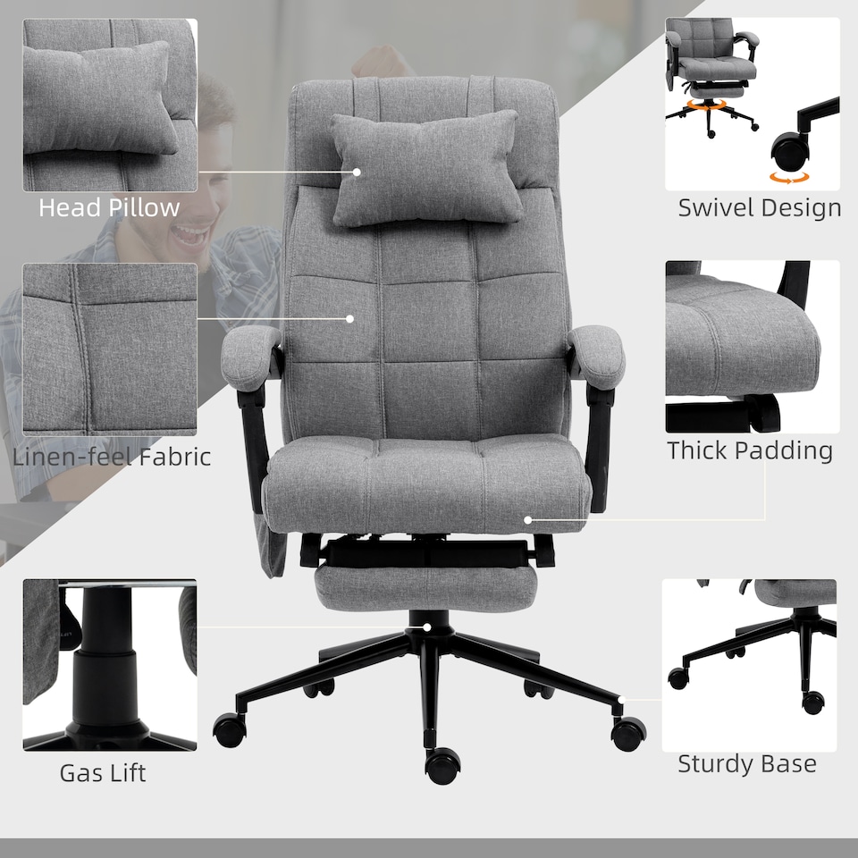 image 1 of Vinsetto Office Chair with 6-point Vibration Massage and Heat, Computer Chair with Adjustable Height, Head Pillow, Footrest for Home, Grey
