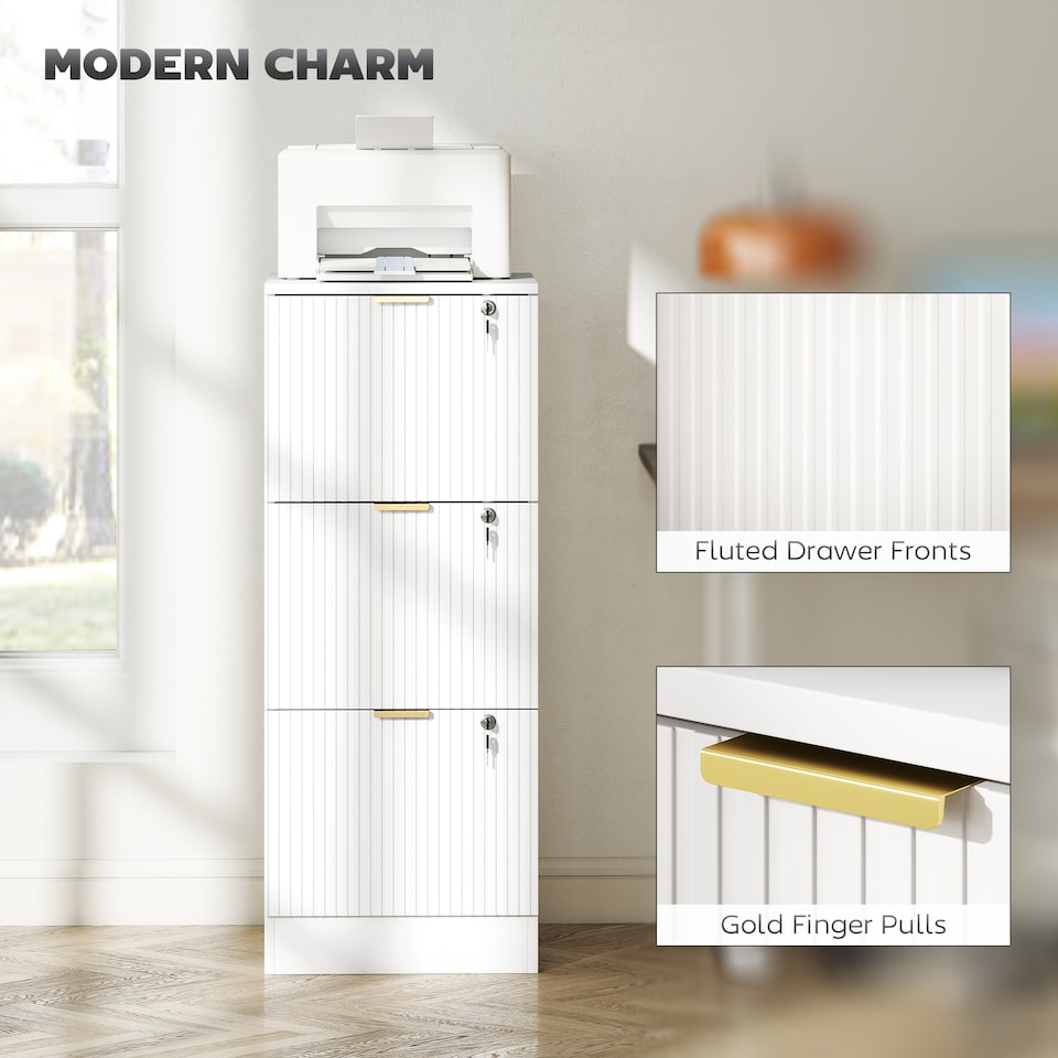 image 1 of Filing Cabinet, File Cabinet with 3 Lockable Drawers and Hanging Rails | White