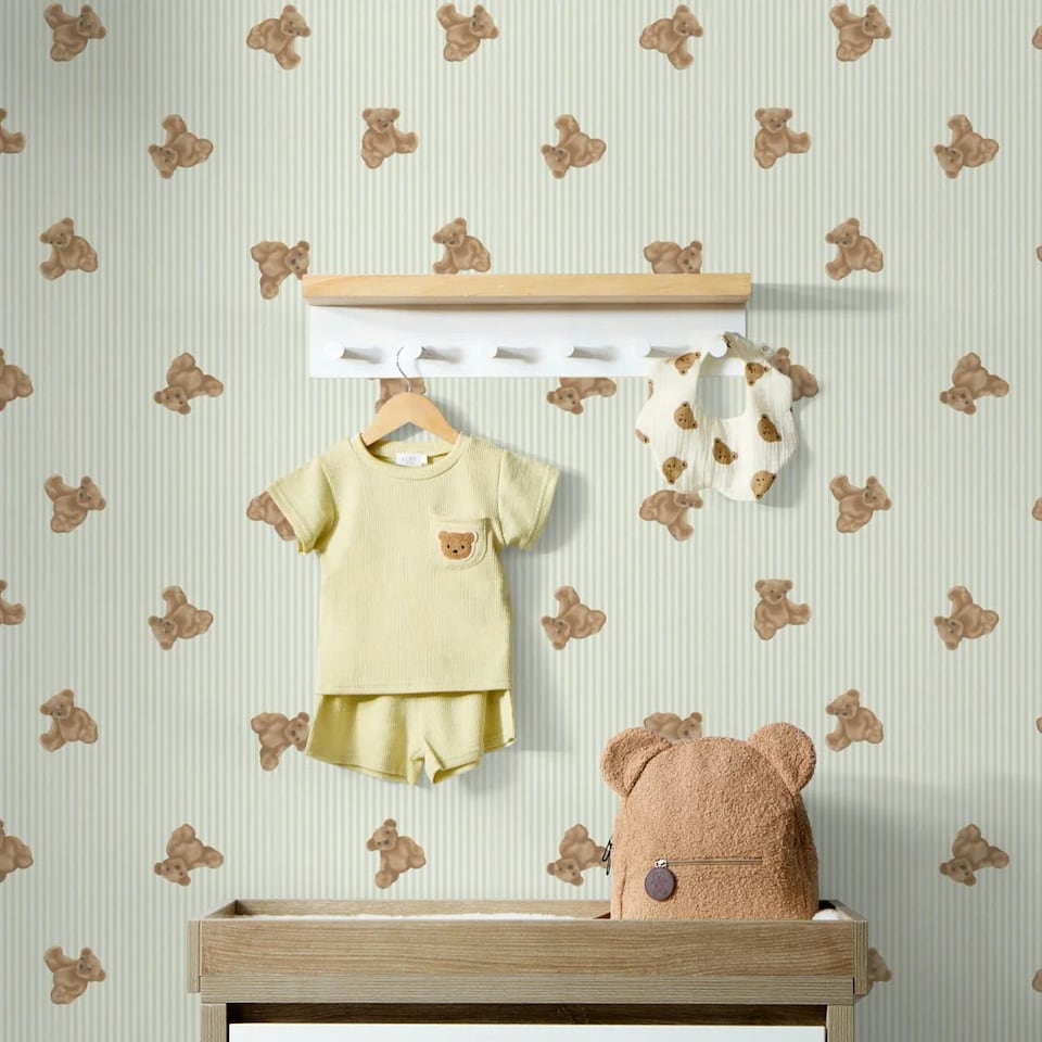 image 1 of The Bear Wallpaper in Soft Sage Multi