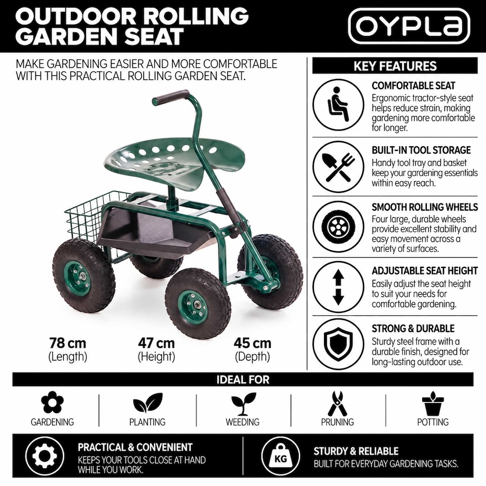 image 1 of Outdoor Rolling Garden Seat Wheeled Stool with Tool Tray & Basket | Green
