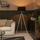 image 1 of ValueLights Modern Light Wood And Chrome Tripod Floor Lamp With Navy Drum Shade