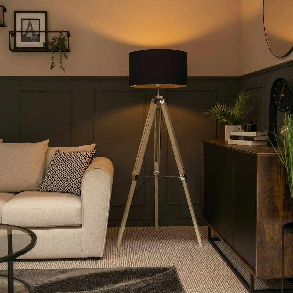 image 1 of ValueLights Modern Light Wood And Chrome Tripod Floor Lamp With Navy Drum Shade
