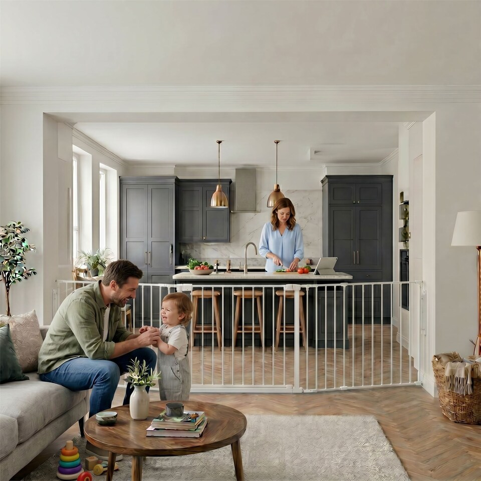image 1 of Safetots Premium Multi Panel Room Divider, up to 370cm Wide, White, 70cm Tall, Flexible Barrier with Door for Baby and Toddler