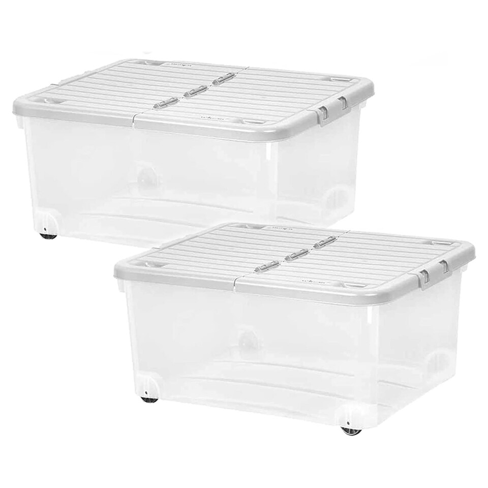 image 1 of 1 x 80L Clear Plastic Stackable Wheeled Storage Container With Folding Split Lid Clear