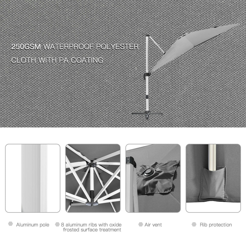 image 1 of Outsunny 3 x 3(m) Cantilever Roma Parasol Garden Umbrella with Cross Base Grey