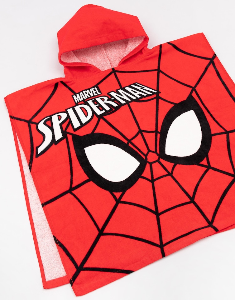 image 1 of Marvel Spiderman Boys Red Poncho Towel | Hooded Towel with Web Pattern | Beach & Pool Use | Kids Bathing Accessories | Cartoon Character Merch
