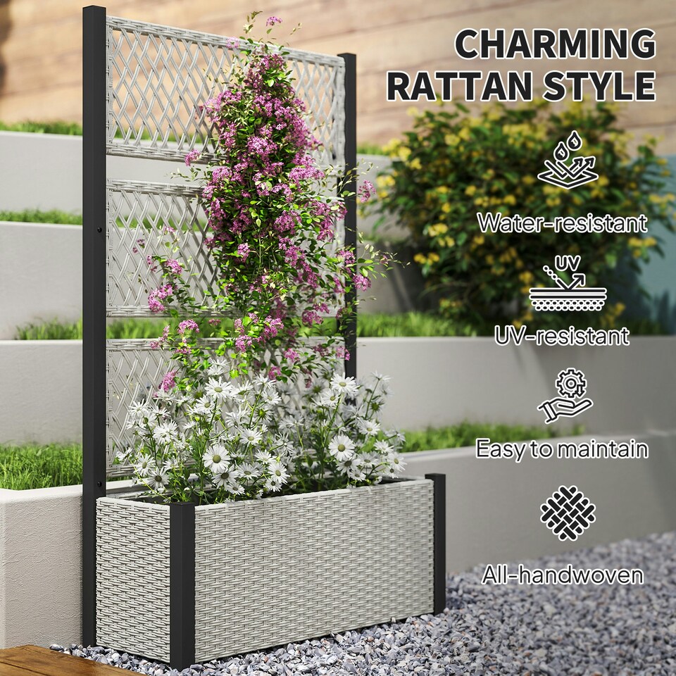 image 1 of Outsunny Garden Planter Box with Trellis, Rattan Raised Bed, Mixed-grey