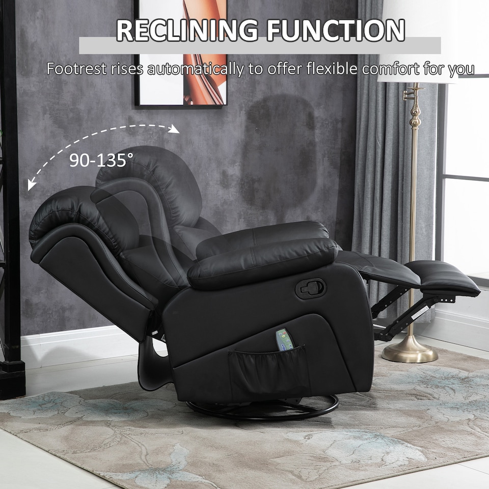 image 1 of HOMCOM PU Leather Massage Recliner Chair with 8 Points and Heat, Manual Reclining Chair with Swivel Base, Footrest and Remote, Rocking Armchair, Black