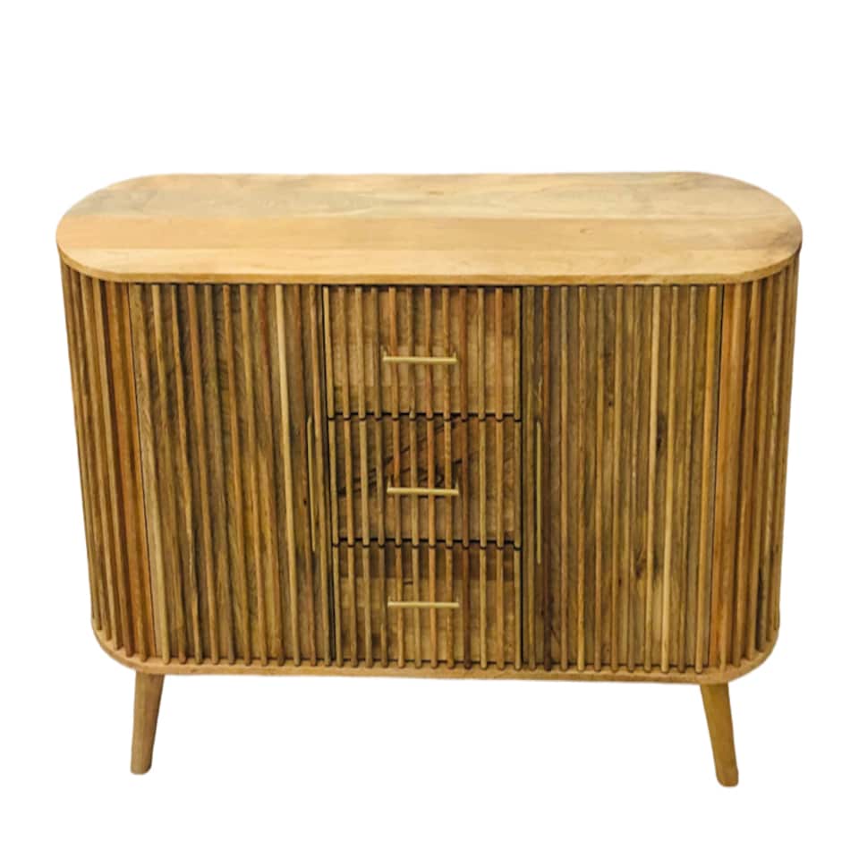 image 1 of Slated 2 Door 3 Drawer Sideboard - Mango Wood - L45 x W164 x H80 cm - Light Finish - Assembly Required | Brown