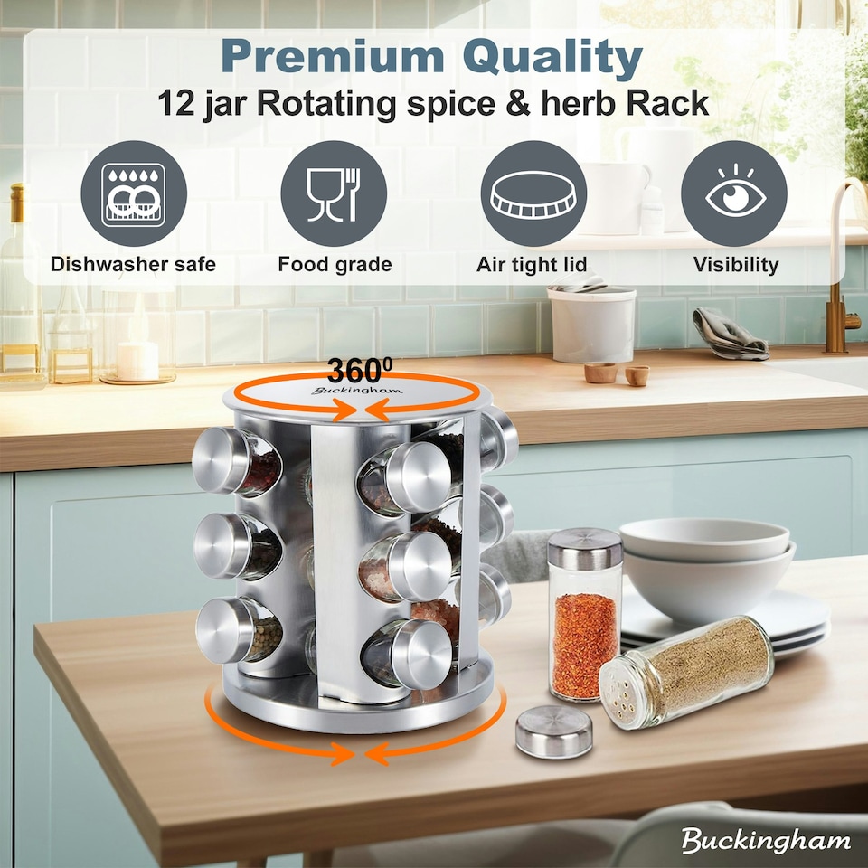 image 1 of Buckingham Stainless Steel Rotating Spice & Herb Rack including 12 Glass Jars Silver