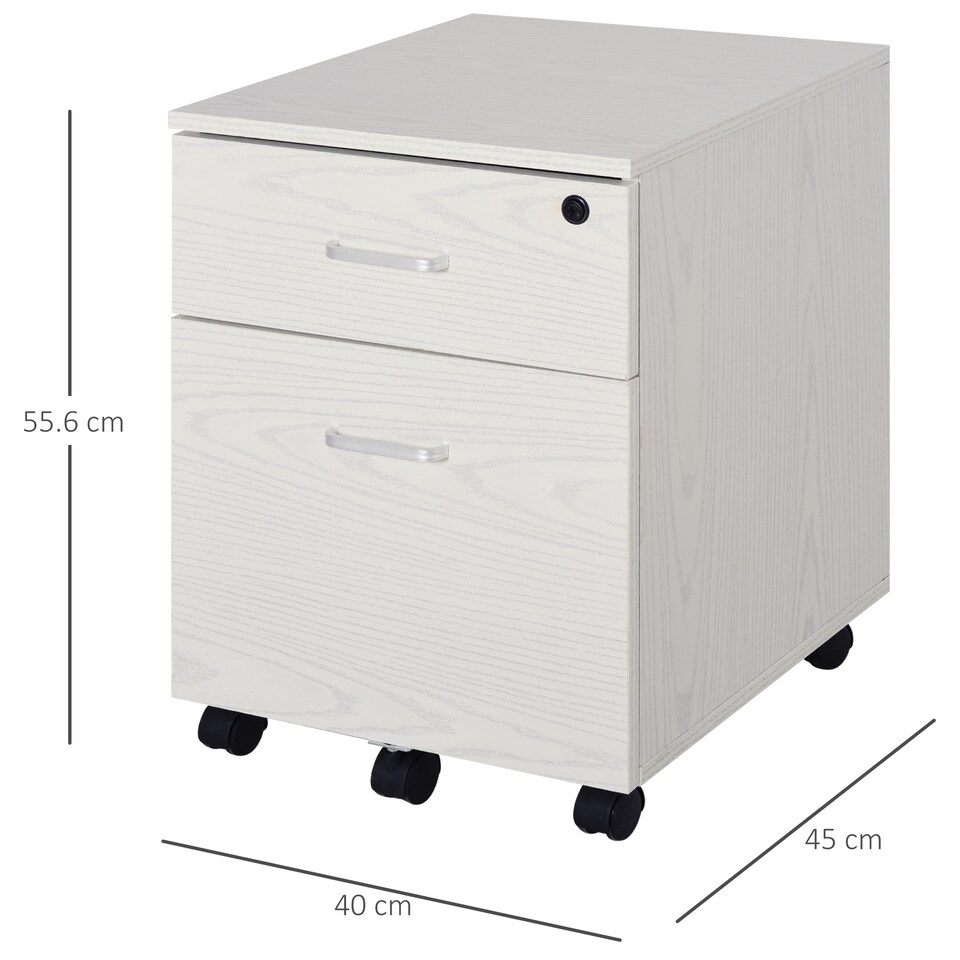 image 1 of Vinsetto 2-Drawer Locking Office Filing Cabinet w  5 Wheels Rolling Storage Hanging A4 Cupboard Home Organisation White Wood Grain