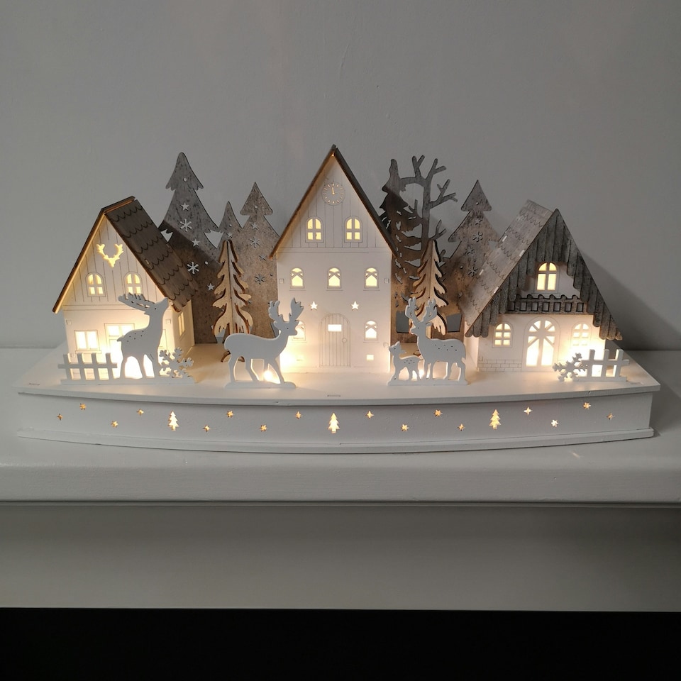 image 1 of 44cm Battery Light Up Warm White Christmas Winter Wooden Village with Reindeer Scene