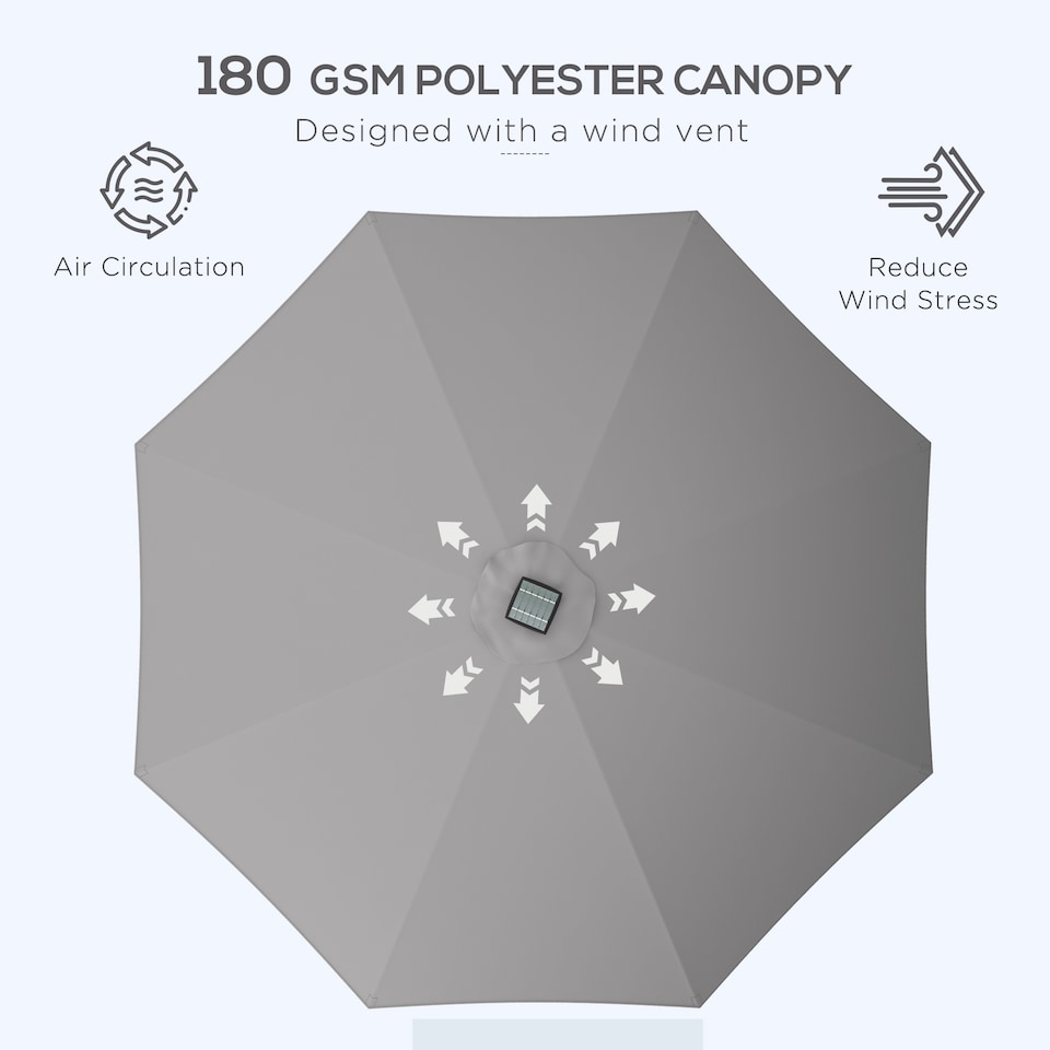 image 1 of Outsunny 2.65m Garden Parasol with Lights, Solar Charged Warm Yellow LED Patio Umbrella with Crank Handle, for Balcony, Outdoor and Lawn Light Grey