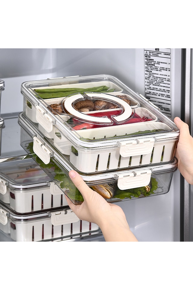 image 1 of Living and Home Food Storage Container with 4 Compartments for Fridge or Picnic,30.5cm W x 23.5cm D x 7cm H | White