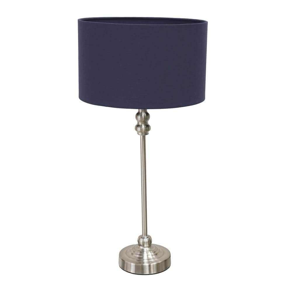 ValueLights Maggie Brushed Chrome Candlestick Table Lamp with Fabric Drum Shade & LED Bulb in Navy