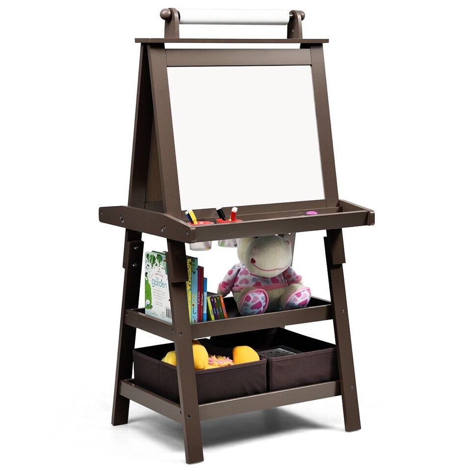 image 1 of COSTWAY 3 in 1 Kids Art Easel Double-Sided Blackboard Magnetic Whiteboard W/ Paper Roll