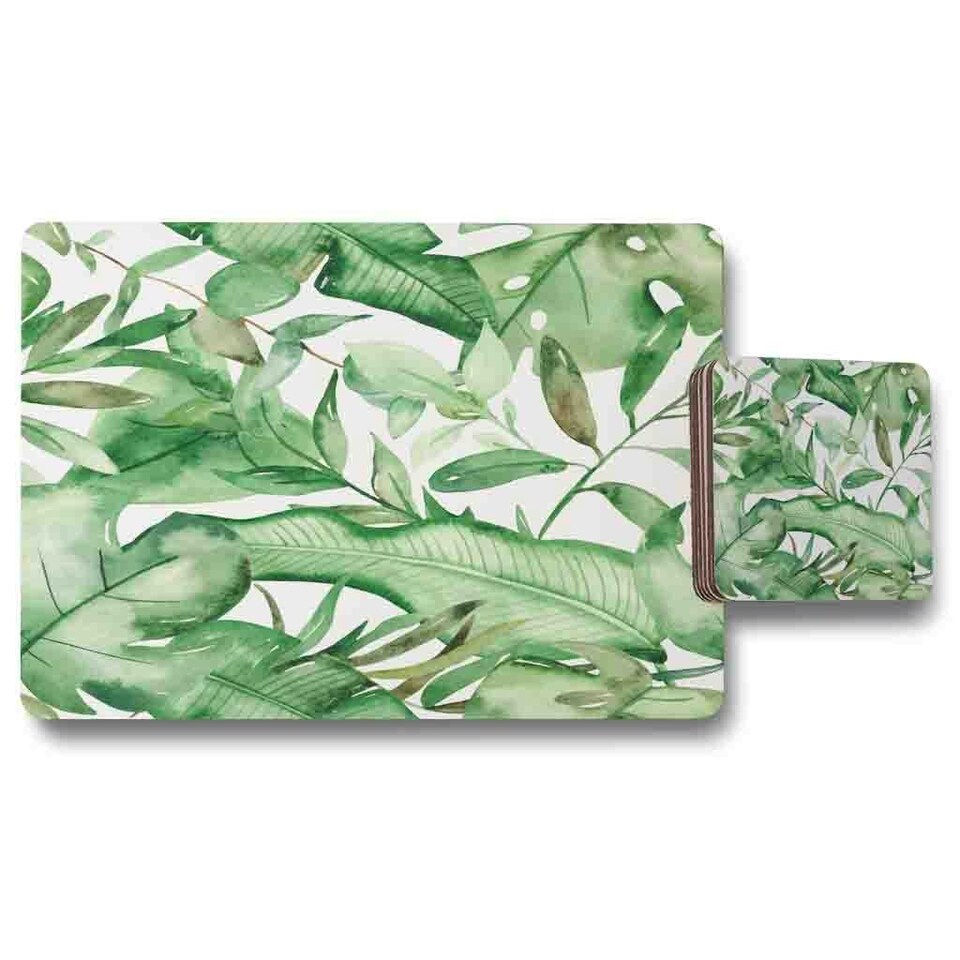 Watercolour Green Tropical Leaves Placemat & Coaster Set