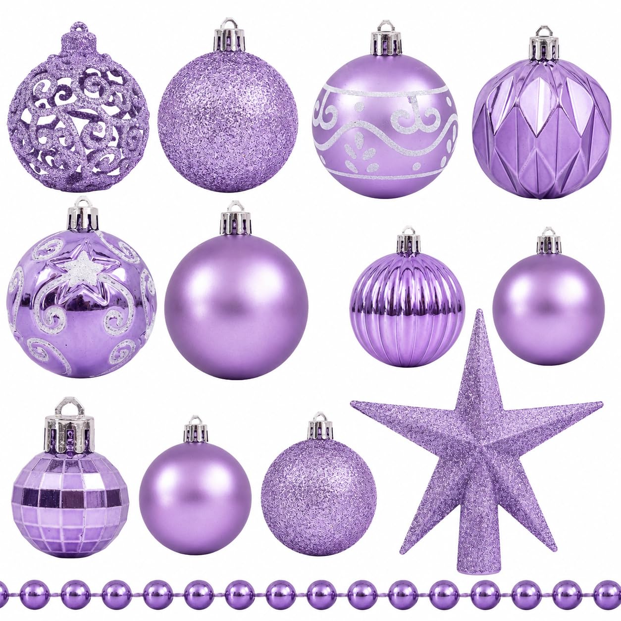 Christmas Tree Decoration Set 100 Pieces - Baubles, Star Topper & Bead Garland - Glitter, Matte & Metallic Ornaments (Lilac)