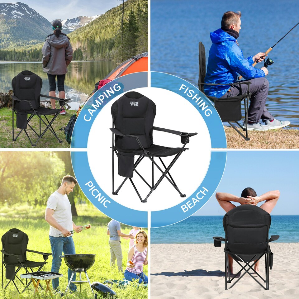 image 1 of Get Fit Camping Chair - Outdoor Folding Chair With Magazine Pocket, Cup Holder & Carry Bag Weight Capacity of 130kg - Black