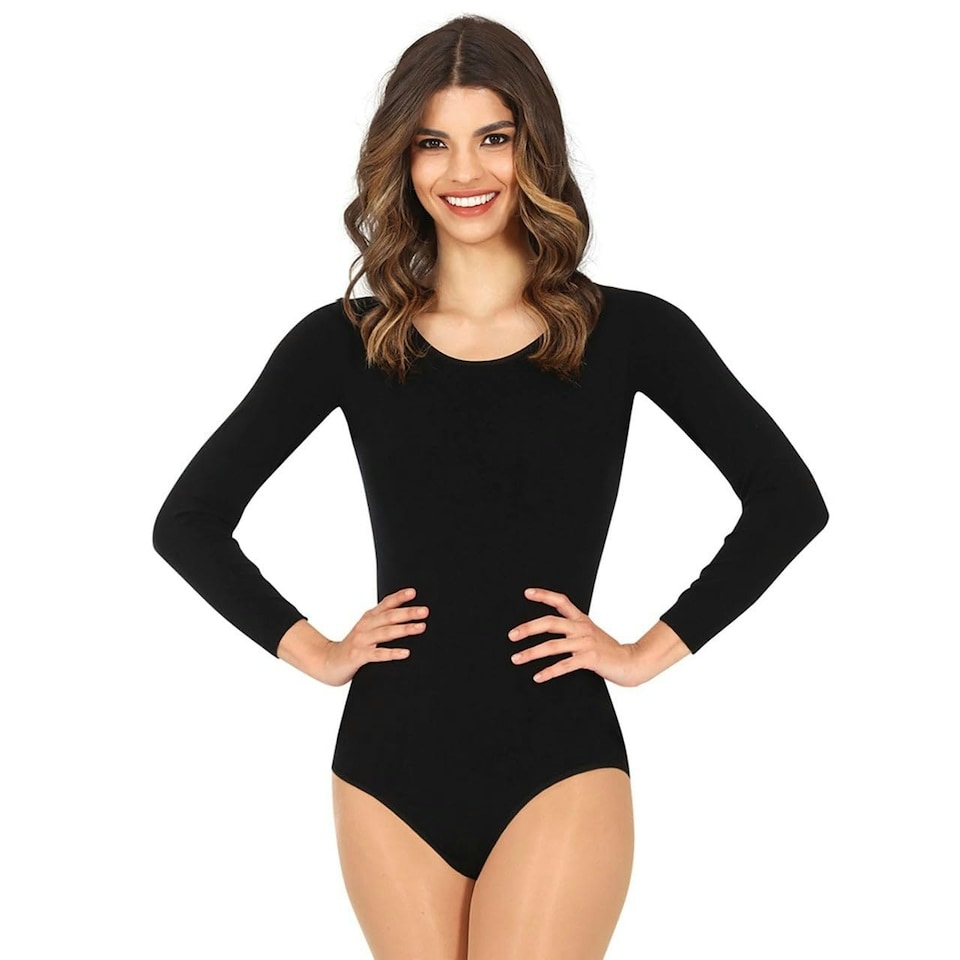 Fancy Dress Adult Long Sleeve Black Leotard - L