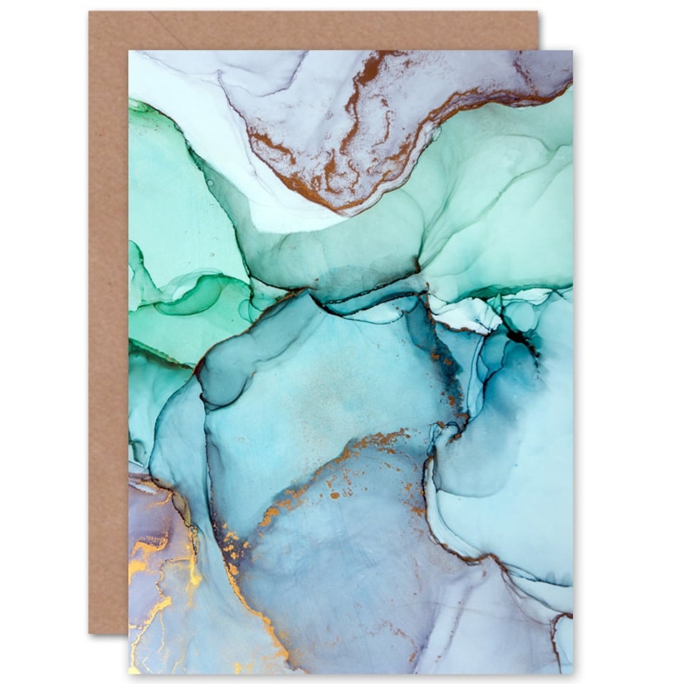 image 1 of Aerial Abstract Green Blue Gold Fluid Paint Pour Elegant Greeting Card