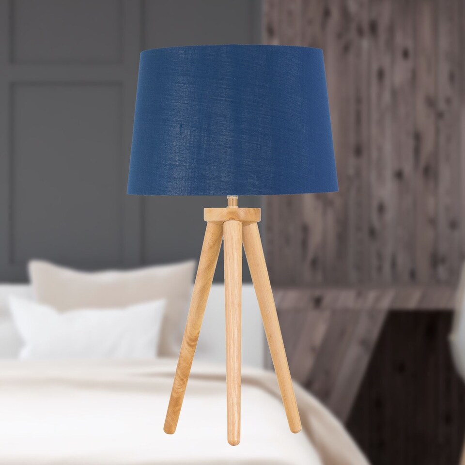 image 1 of Voyage - Light Oak Table Lamp Bedside Light with Navy & Silver Shade | Brown | Blue | Large | 1
