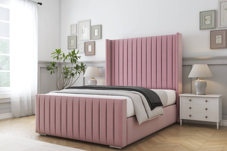 image 1 of Sloomy Marlborough Pink Plush Bed Frame With 50"  Upholstered Wingback Headboard 4'6 Double