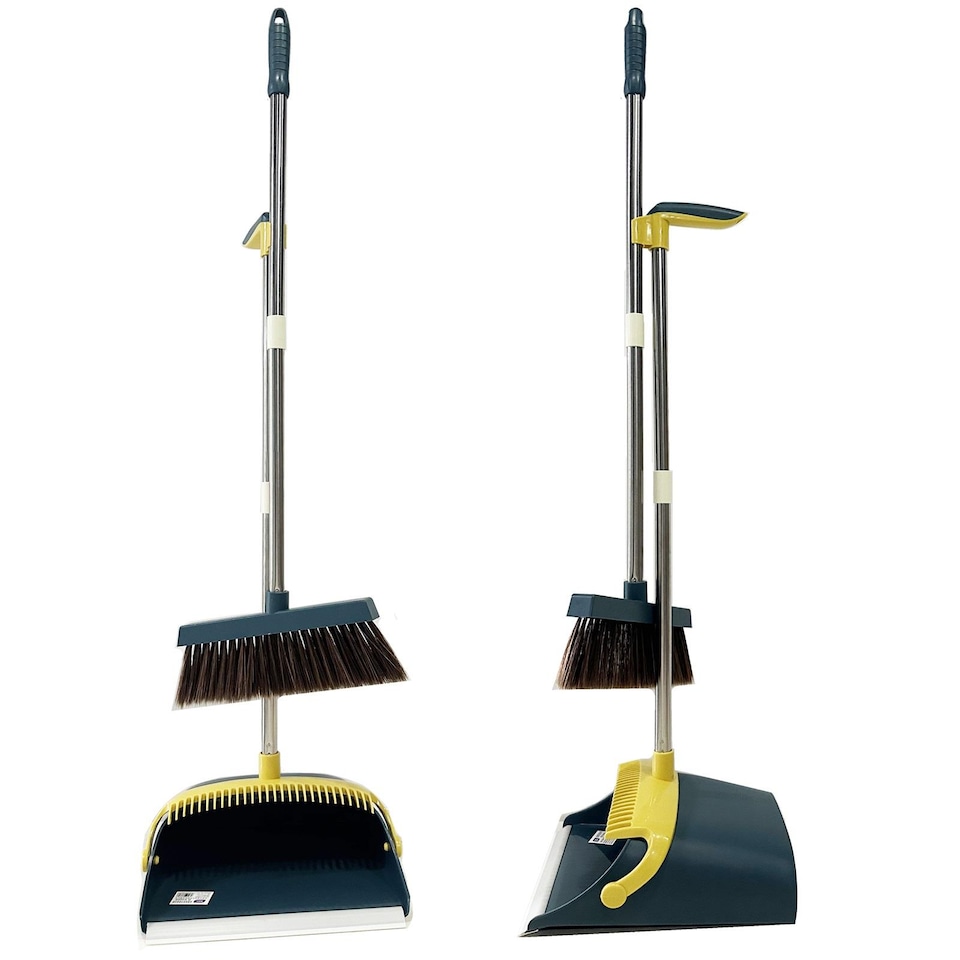 image 1 of Gr8 Home Strong Long Handled Dustpan and Brush Set Soft Bristles Broom Lobby Dust Pan