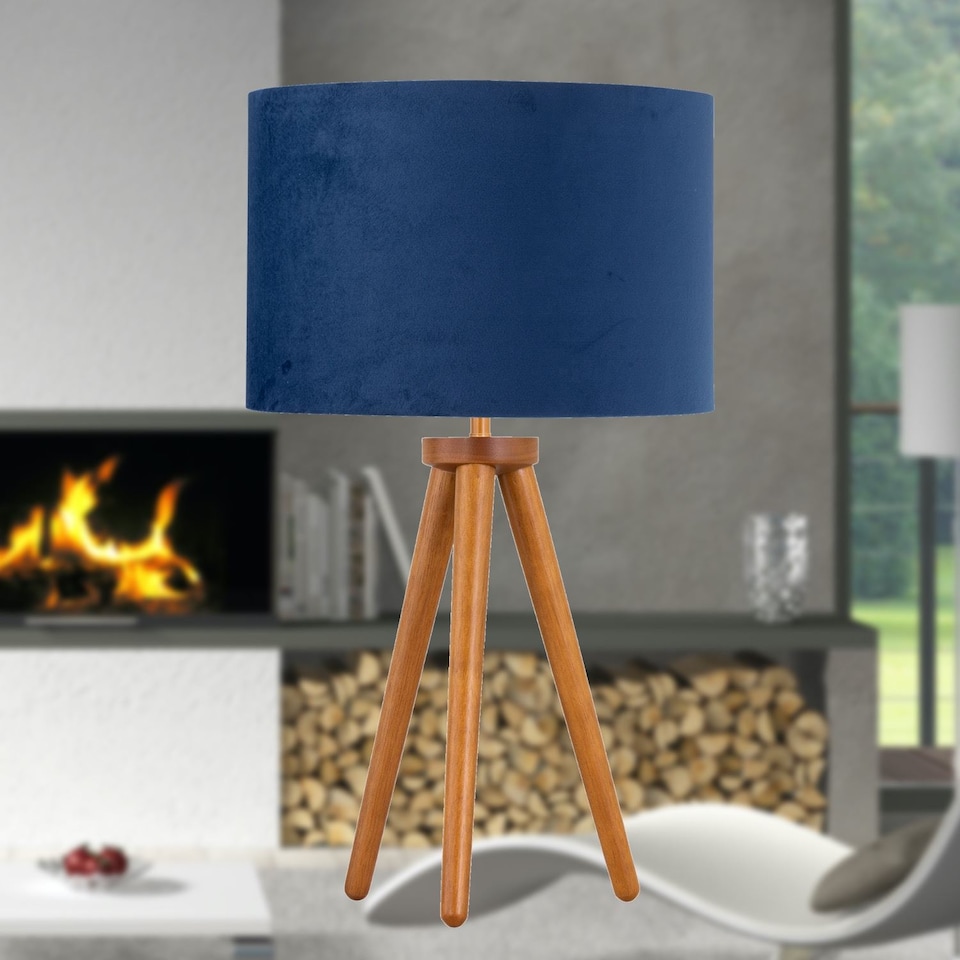 image 1 of Voyage - Dark Oak Table Lamp or Bedside Light with Blue Velvet Shade | Brown | Blue | Large | 1