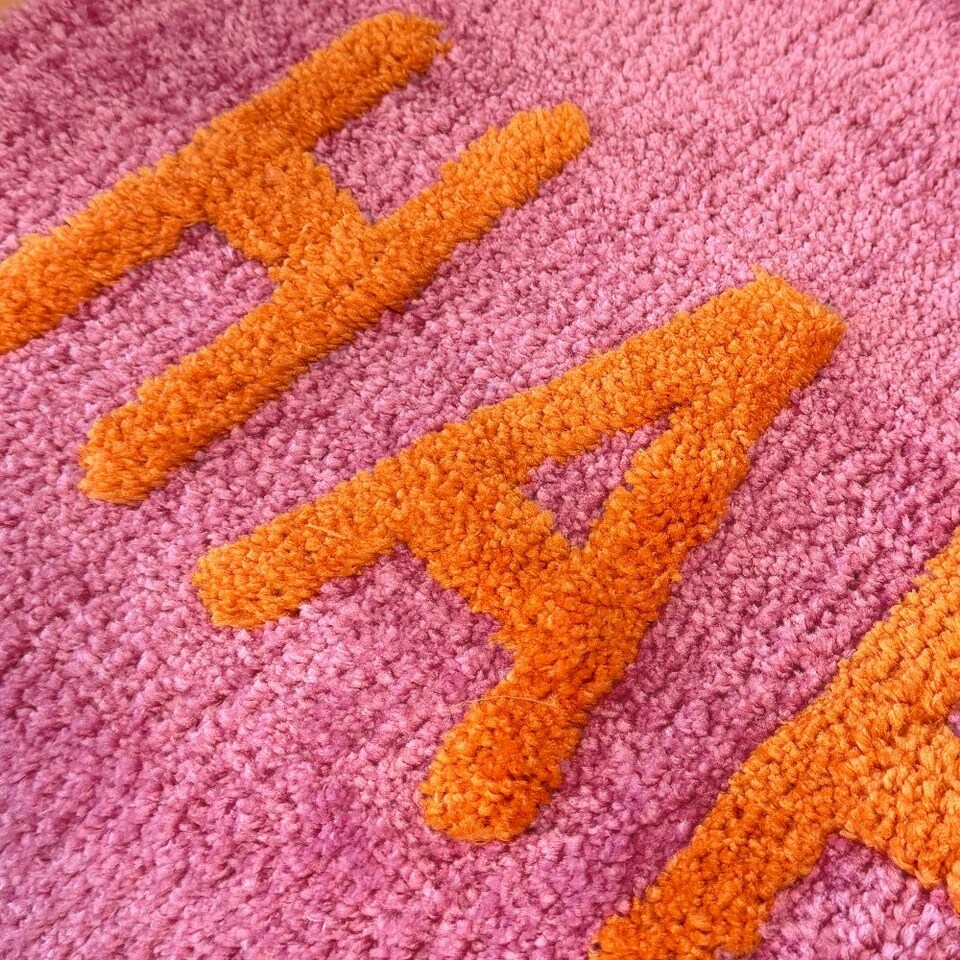 image 1 of Happy Slogan Colourful Bath Mat Non Slip - Soft & Absorbent Pink